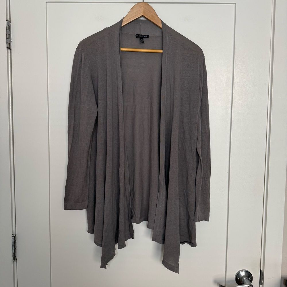 Eileen Fisher Cardigan Women Sz M Gray Open Front Silk Linen Lightweight Coastal